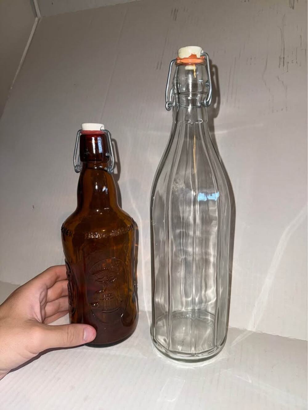 2 Vintage Fischer Biere d'Alsace Amber Bottle and Clear Glass Swing Top Bottle